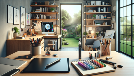 "Artist's studio with E-Euphoria Vape UK's HHC, THC-P products on desk. Showcasing alternative cannabinoid products, legal alternatives to THC."