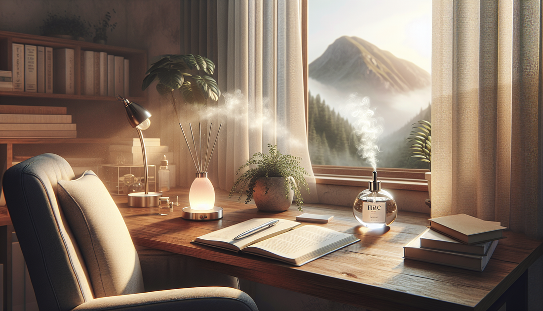 "Cozy office with open book on desk, featuring E-Euphoria Vape UK's alternative cannabinoid products like HHC and THC-P near window with mountain view."