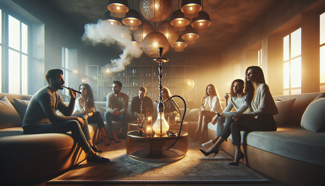 "Chic lounge with people vaping, showcasing E-Euphoria Vape UK's HHC and THC-P alternative cannabinoid products."