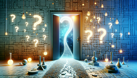 "Abstract scene with glowing question marks, lightbulbs, and a cosmic doorway, representing E-Euphoria Vape UK's legal THC alternatives HHC, HHC-O, THC-P."