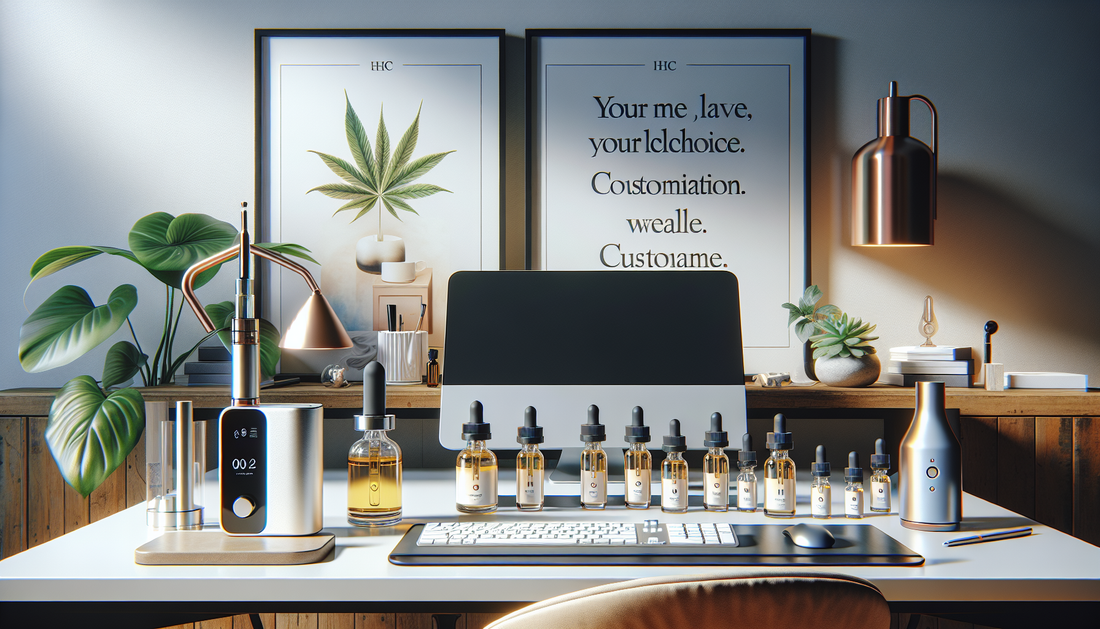 "Desk with E-Euphoria Vape UK's alternative cannabinoid products like HHC, HHC-O, THC-P, CBND, and CB9 in front of a computer and decor."