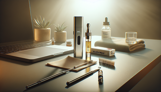 "E-Euphoria Vape UK's alternative cannabinoid products, including HHC and THC-P, displayed on a desk with vape tools, laptop, and succulents."