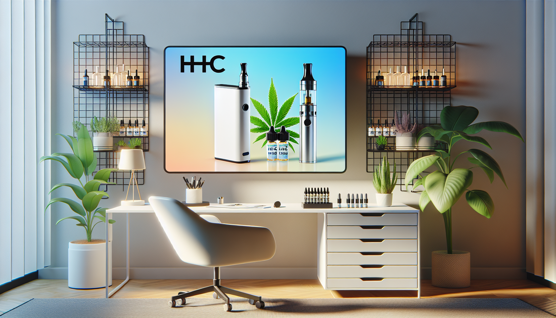 "Modern office showcasing E-Euphoria Vape UK's alternative cannabinoid products, featuring HHC, THC-P, and other legal THC alternatives."