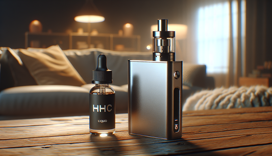 "Cozy room with E-Euphoria Vape UK's vape device and HHC liquid, promoting alternative cannabinoid products like HHC, THC-P, and CBND for legal THC alternatives."