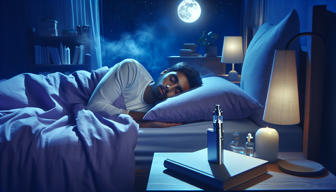 "Man sleeping with E-Euphoria Vape UK's alternative cannabinoid products, including HHC, HHC-O, THC-P on bedside table under moonlit sky."