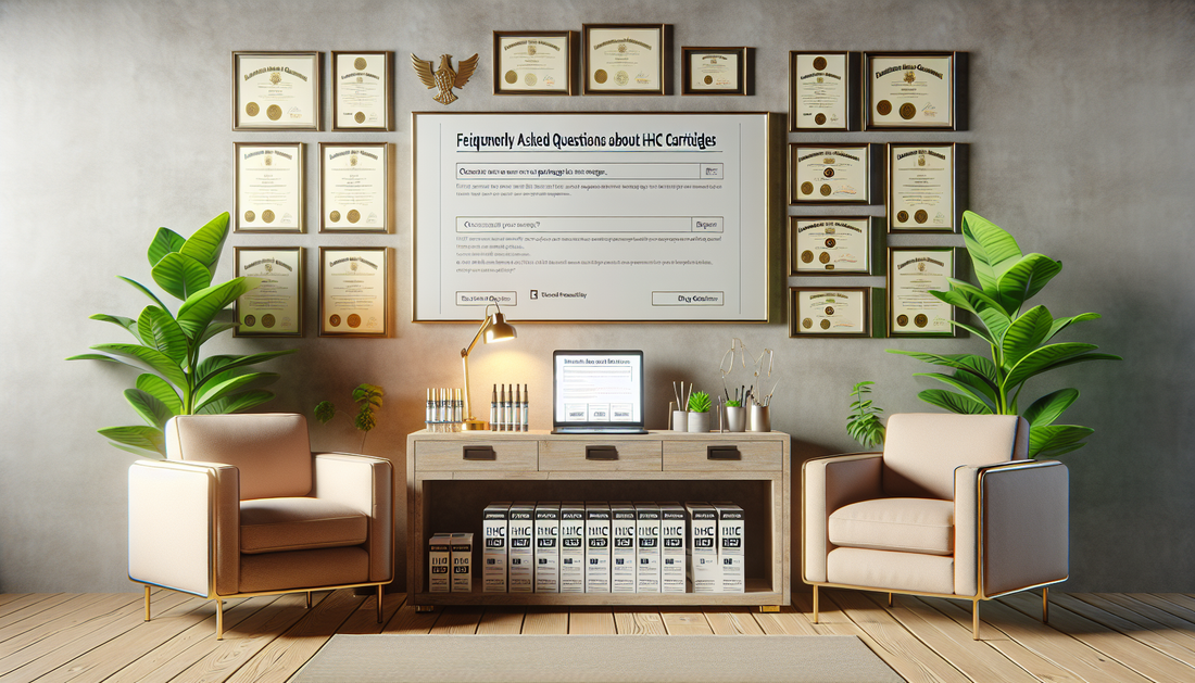 "Modern office with framed certificates, E-Euphoria Vape UK products, featuring HHC, THC-P, and other legal alternative cannabinoid products."