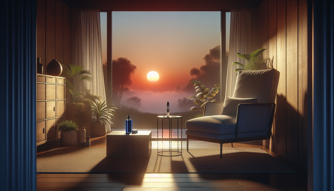 "Cozy room at sunset with E-Euphoria Vape UK's HHC, THC-P products on tables, promoting alternative cannabinoid products and legal THC alternatives."