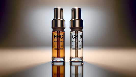 "Two E-Euphoria Vape UK bottles of alternative cannabinoid products HHC and CB-9, legal alternatives to THC."