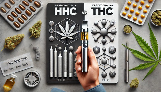 Comparison between HHC and THC products, featuring a vape pen, cannabis, capsules, and scientific diagrams, highlighting offerings from E-Euphoria Vape UK.