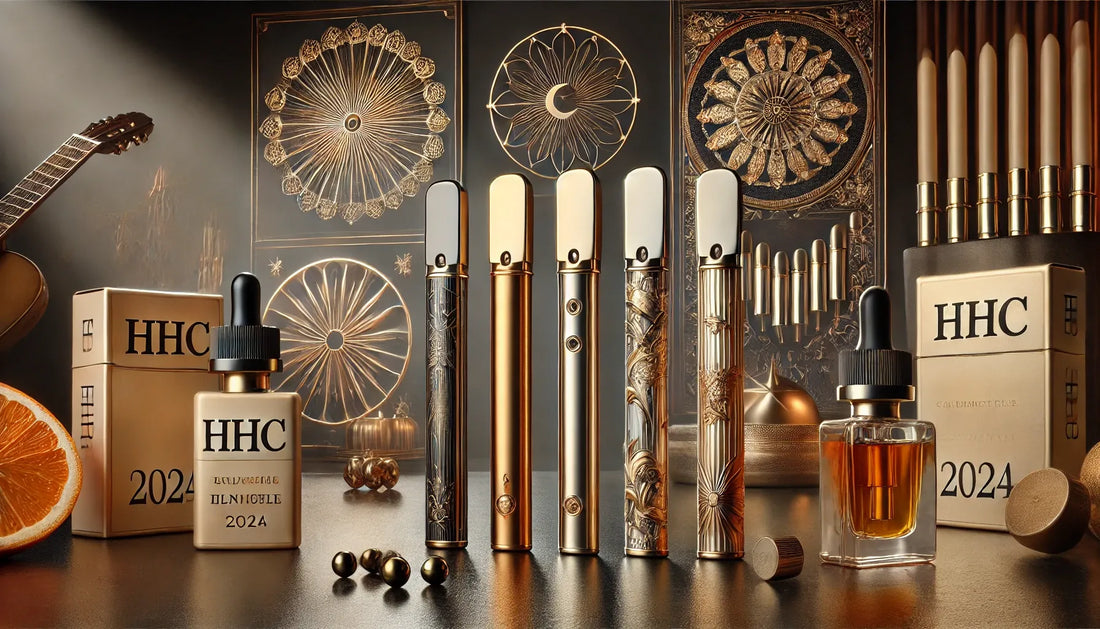 Variety of luxurious HHC products, including vape pens and extract bottles, displayed in an elegant golden and decorative setting. Product from E-Euphoria Vape UK.