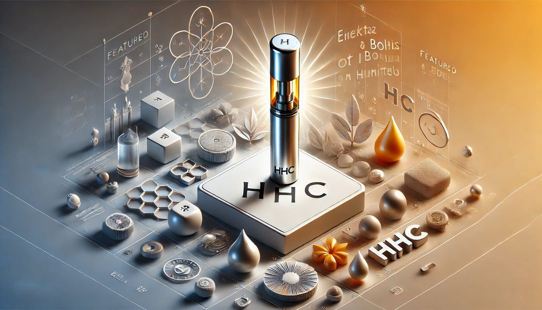 Futuristic HHC vape cartridge in the center of scientific and decorative elements, highlighting innovative cannabinoid products. Product from E-Euphoria Vape UK.