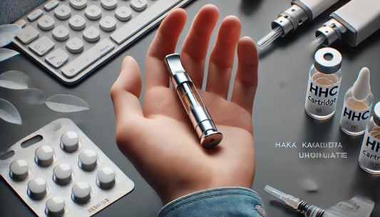 Hand holding an HHC vape cartridge, surrounded by tablets and bottles labeled HHC and THC, showcasing products from E-Euphoria Vape UK.