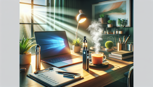 "Modern workspace with vape pens, coffee, and a laptop, highlighting E-Euphoria Vape UK's alternative cannabinoid products HHC, THC-P."