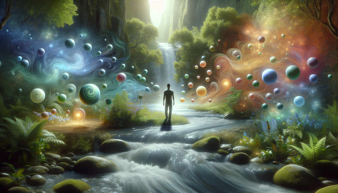 "Man in a mystical forest, surrounded by colorful orbs symbolizing E-Euphoria Vape UK's alternative HHC and THC cannabinoid products."