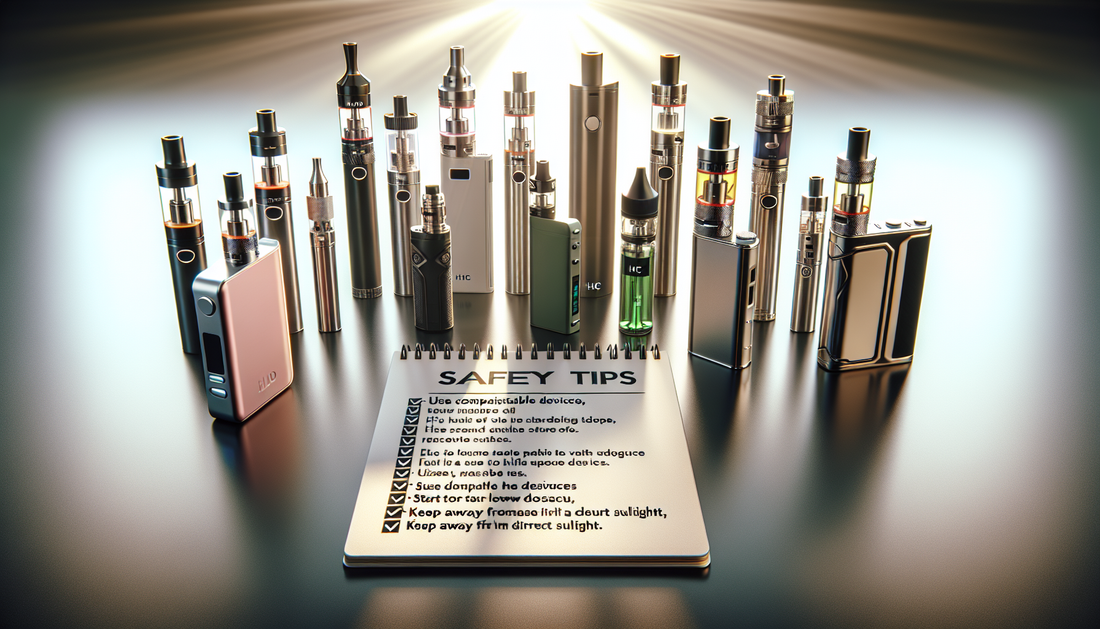 "Variety of E-Euphoria Vape UK's alternative cannabinoid products, including HHC, THC-P, and CBND, displayed beside a safety tips notepad."