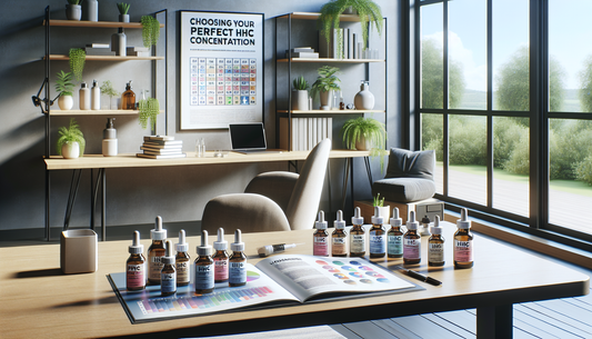 "Modern office displaying E-Euphoria Vape UK's alternative cannabinoid products like HHC, THC-P, CBND, and HHC-O on a desk with marketing materials."