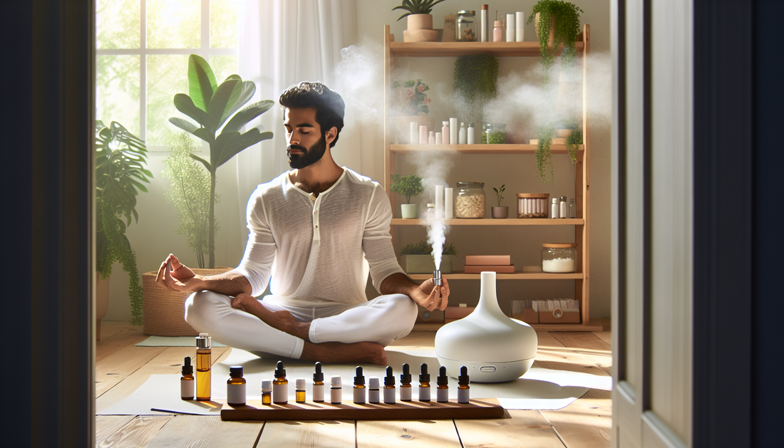 "Man meditating indoors with E-Euphoria Vape UK's alternative cannabinoid products, including HHC, HHC-O, HHC-P, THC-P, and CBND, arranged in front."