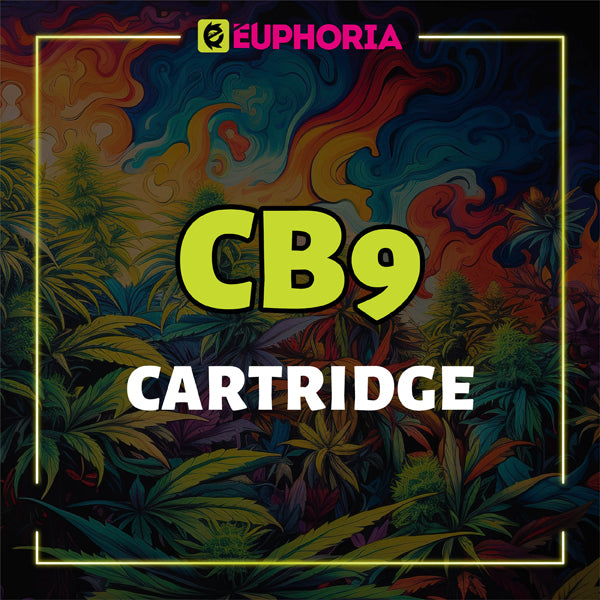 Promotional image from E-Euphoria UK featuring 'CB9 CARTRIDGE' in bold text, set against a vibrant and colorful background of cannabis plants, highlighting the availability of CB9 cartridge products.