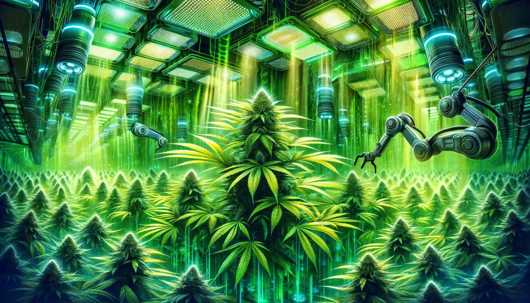 High-tech indoor cannabis farm with robotic arms tending to the plants. The environment is illuminated with green and yellow lights, highlighting the lush, healthy cannabis plants arranged in rows, creating a futuristic and automated agricultural scene.