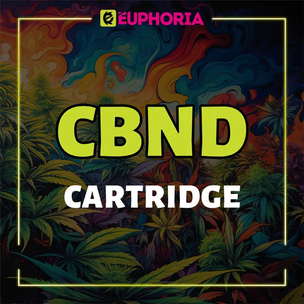 Promotional image from E-Euphoria UK featuring 'CBND CARTRIDGE' in bold text, set against a vibrant and colorful background of cannabis plants, highlighting the availability of CBND cartridge products.