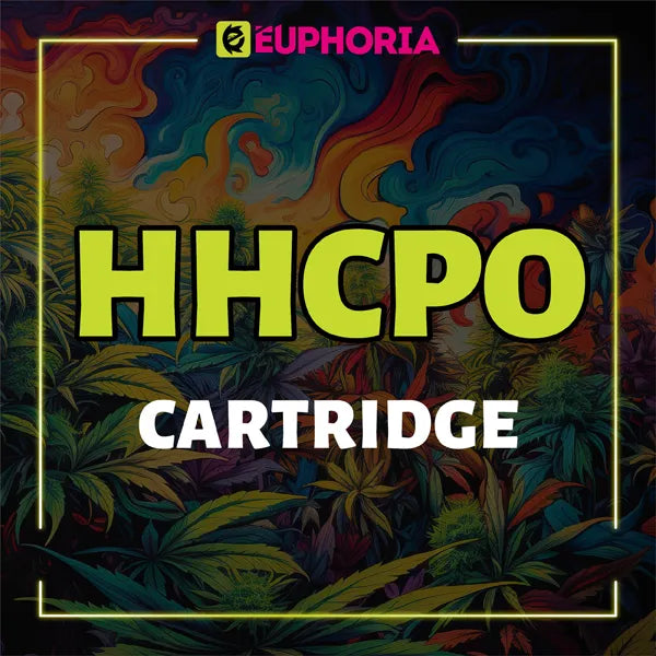 Promotional image from E-Euphoria UK showcasing 'HHC PO CARTRIDGE' in bold text, set against a vibrant background of colorful cannabis plants, highlighting the availability of HHC PO cartridge products.