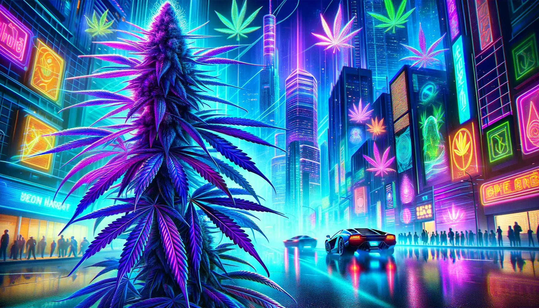 uturistic, neon-lit cityscape with a large cannabis plant in the foreground. The city features vibrant, glowing signs depicting cannabis leaves and symbols, with a sleek, modern car driving through the wet streets, creating a cyberpunk atmosphere.