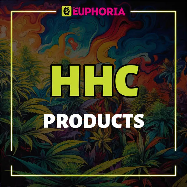 Colorful promotional image from E-Euphoria UK showcasing 'HHC PRODUCTS' in bold text, set against a vivid background of cannabis plants, indicating the availability of HHC products.