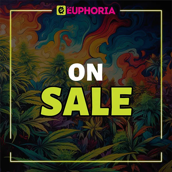 Vibrant promotional image from E-Euphoria UK featuring colorful cannabis plants in the background with bold text 'ON SALE' in the center, highlighting a special discount or promotion.