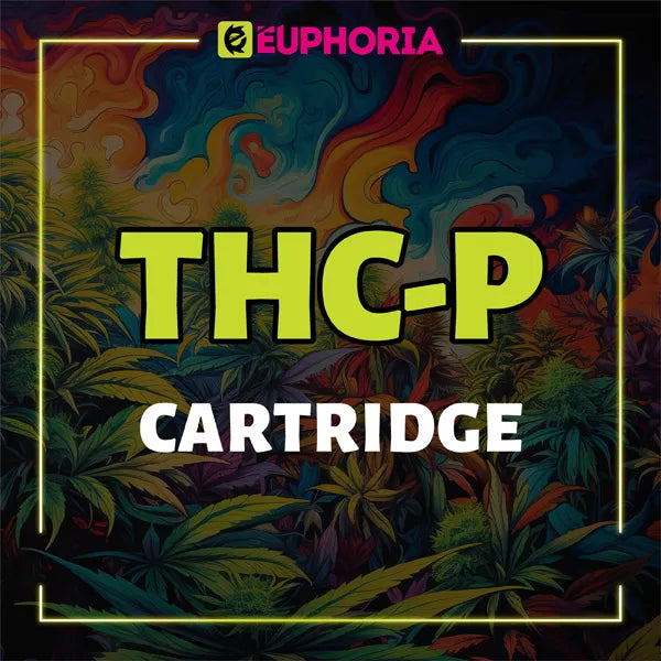 Promotional image from E-Euphoria UK featuring 'THC P CARTRIDGE' in bold text, set against a vivid and colorful background of cannabis plants, highlighting the availability of THC P cartridge products.