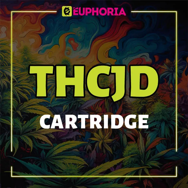 Promotional image from E-Euphoria UK featuring 'THCJD CARTRIDGE' in bold text, set against a vibrant and colorful background of cannabis plants, highlighting the availability of THCJD cartridge products