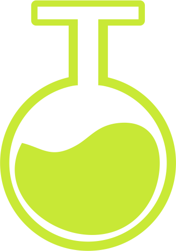 A lime green laboratory flask icon, partially filled with liquid, symbolizing scientific research or chemical products, set against a white background.