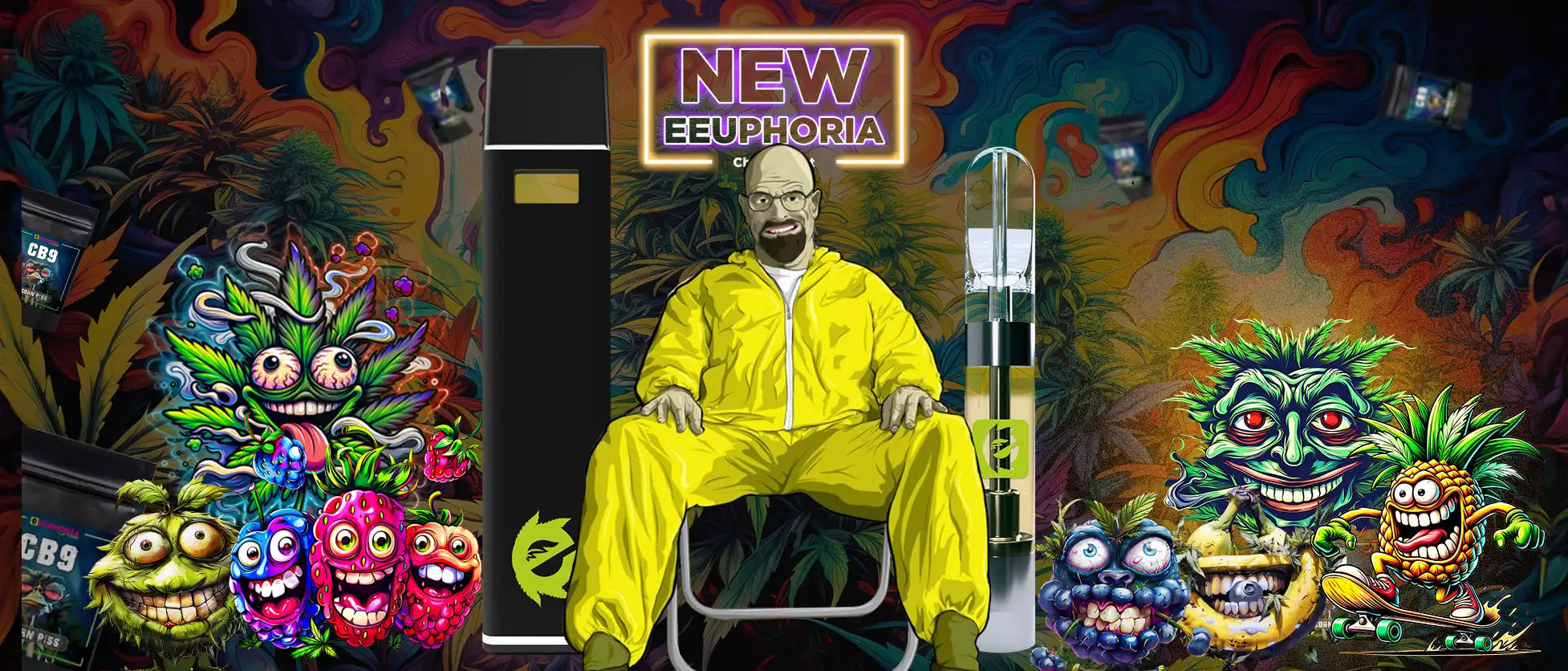 Colorful promotional image from E-Euphoria UK featuring a man in a yellow suit sitting in the center, surrounded by whimsical and cartoonish cannabis plants with faces, and various cannabis products like vapes and cartridges. The background is a vibrant, psychedelic mix of colors, with a sign above the man reading 'NEW EEUPHORIA'.