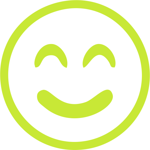 A simple, lime green smiley face with closed eyes, conveying happiness and satisfaction, set against a white background.